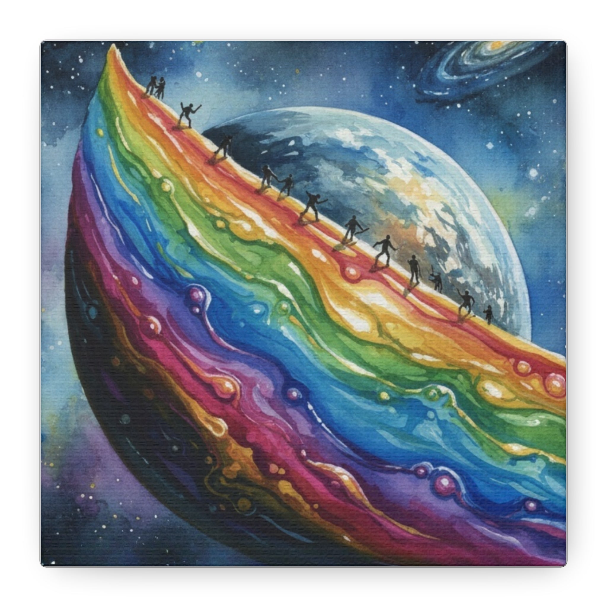 Rainbow Planet Canvas Art — Colorful Cosmic Landscape Print on Stretched Matte Canvas