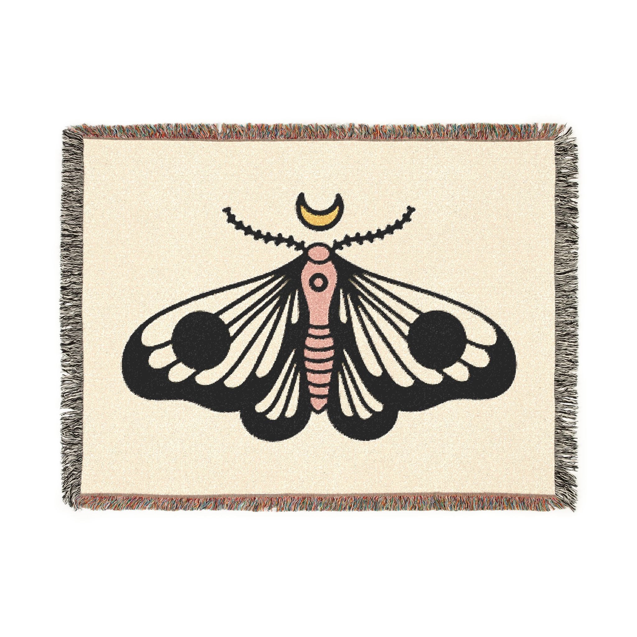 Moth Moon Woven Blanket — Boho Decorative Throw