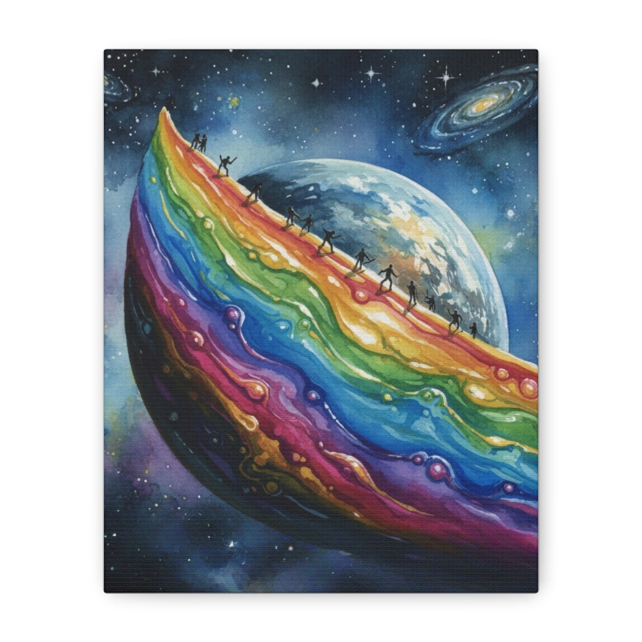 Rainbow Planet Canvas Art — Colorful Cosmic Landscape Print on Stretched Matte Canvas