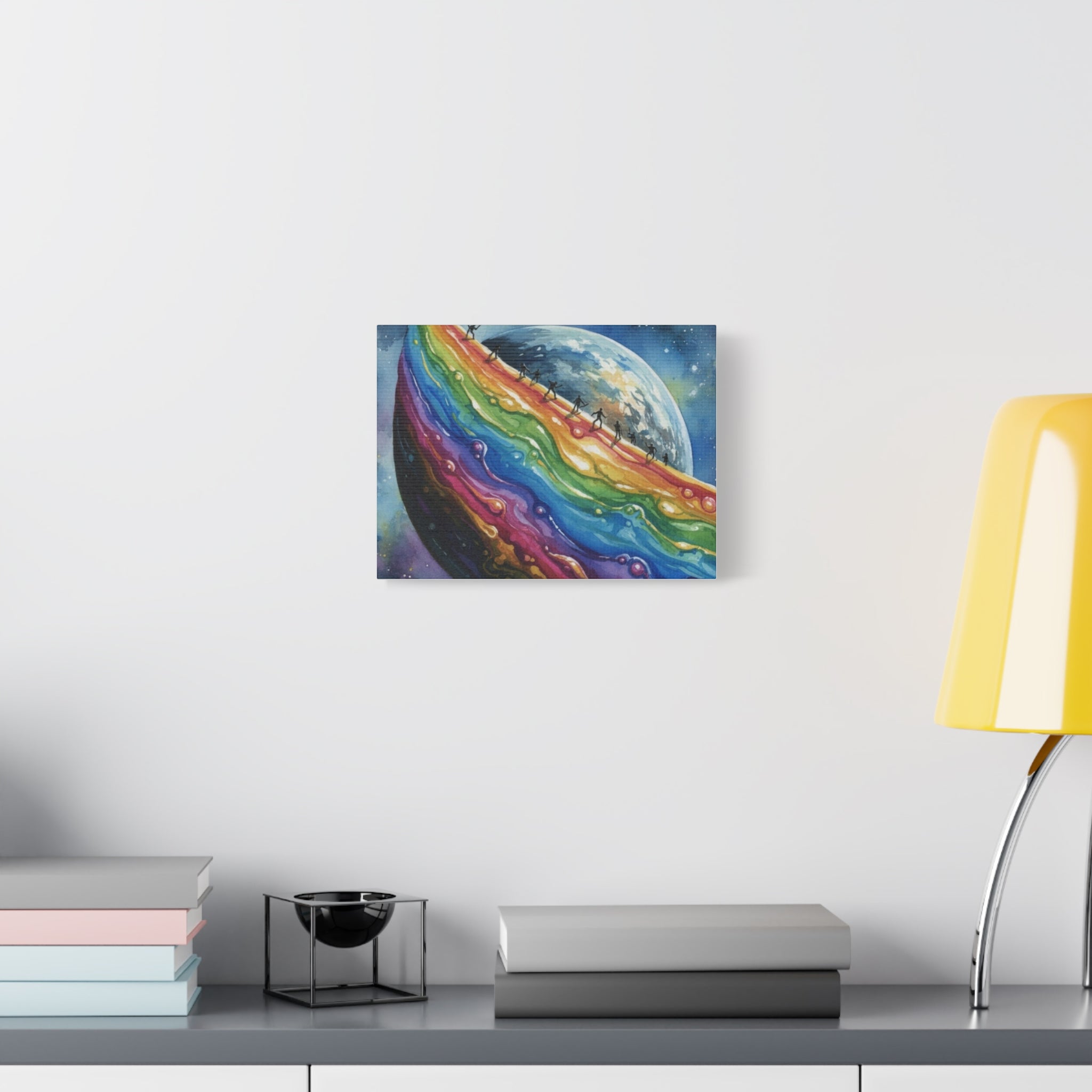 Rainbow Planet Canvas Art — Colorful Cosmic Landscape Print on Stretched Matte Canvas