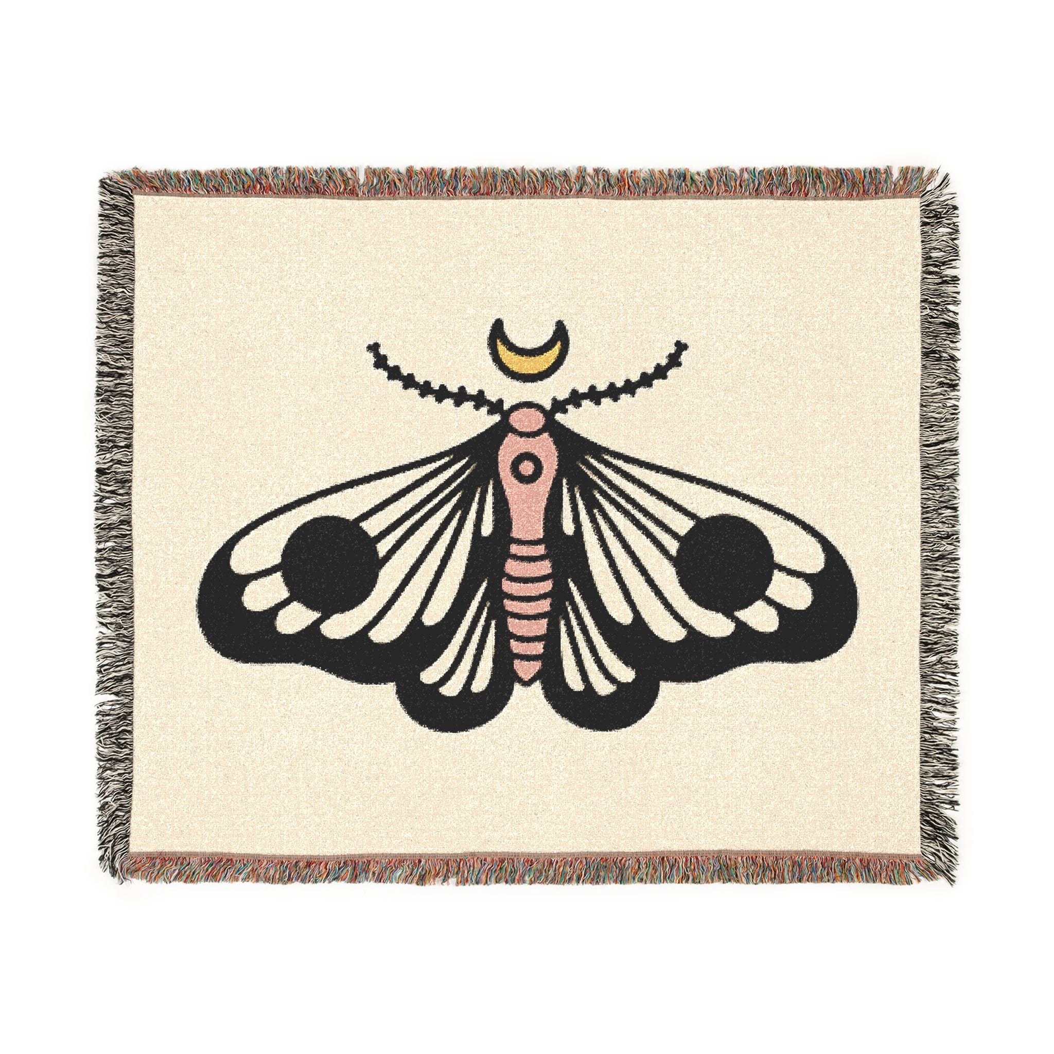 Moth Moon Woven Blanket — Boho Decorative Throw