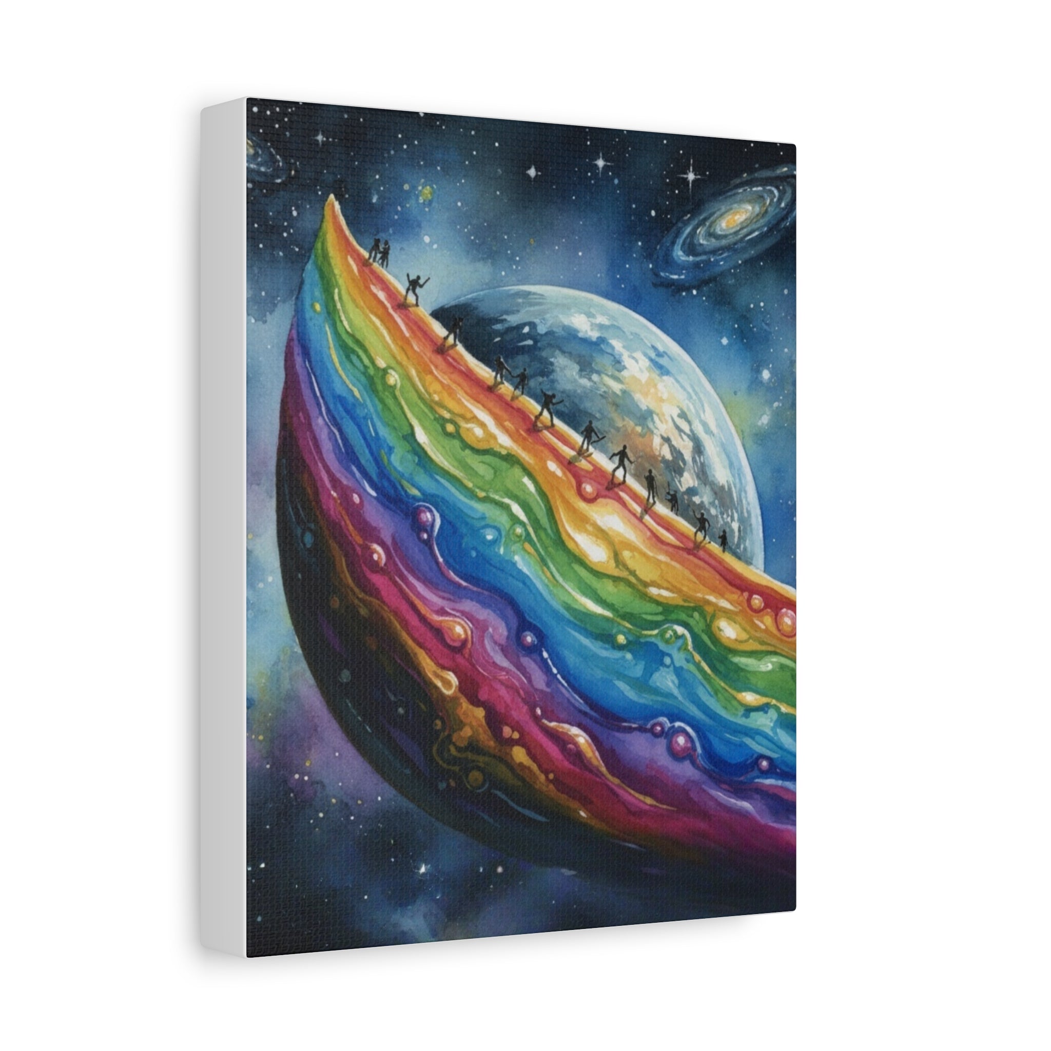 Rainbow Planet Canvas Art — Colorful Cosmic Landscape Print on Stretched Matte Canvas