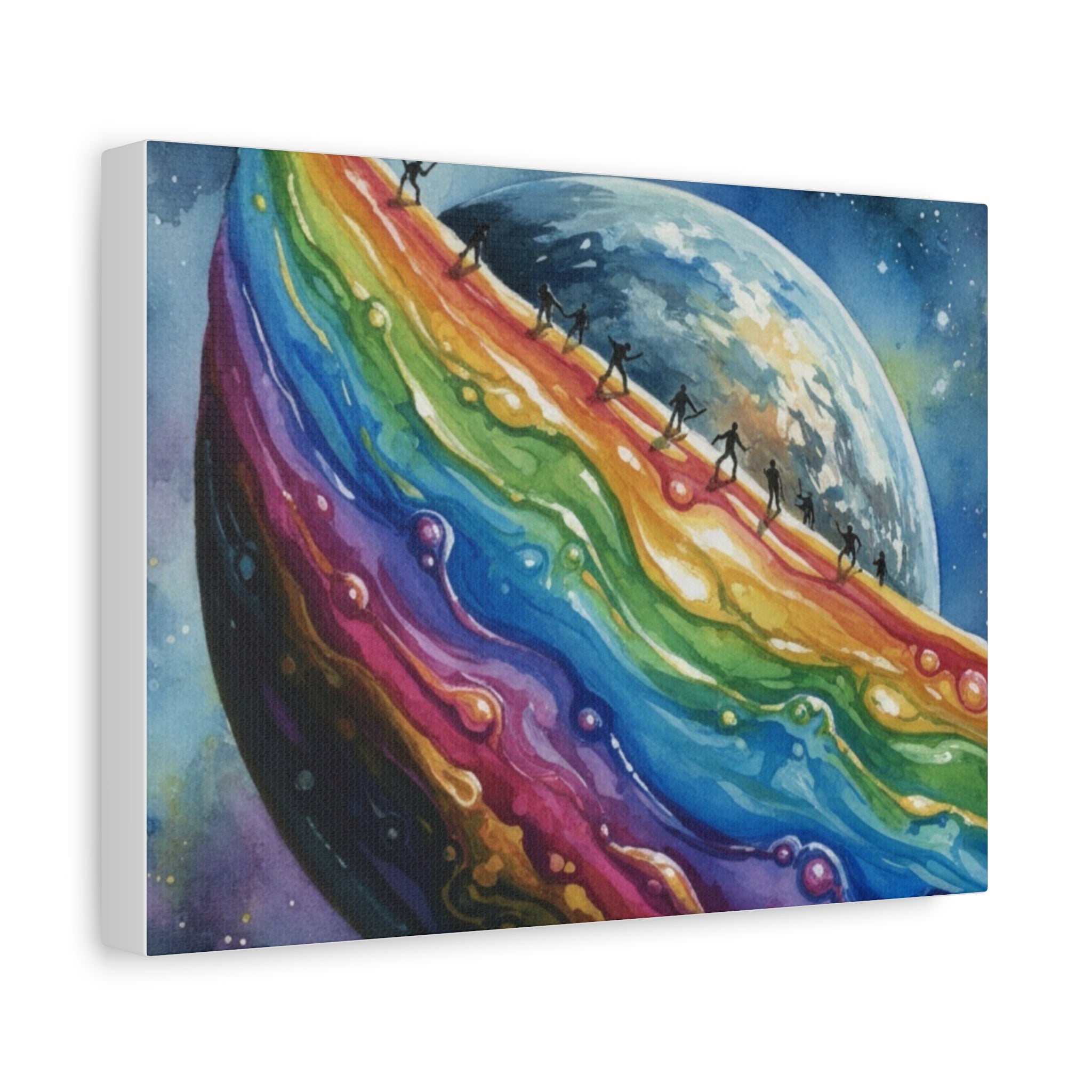 Rainbow Planet Canvas Art — Colorful Cosmic Landscape Print on Stretched Matte Canvas