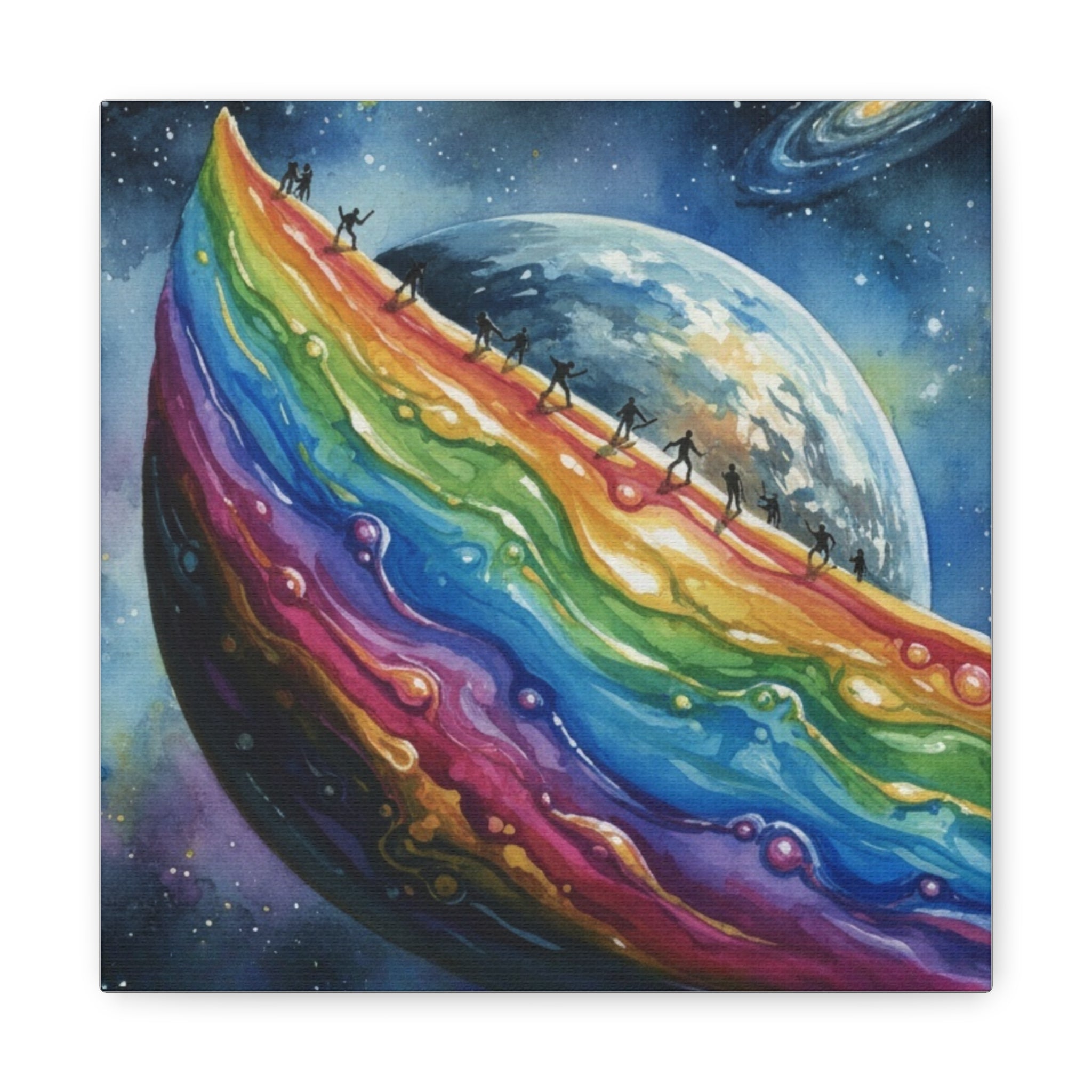 Rainbow Planet Canvas Art — Colorful Cosmic Landscape Print on Stretched Matte Canvas