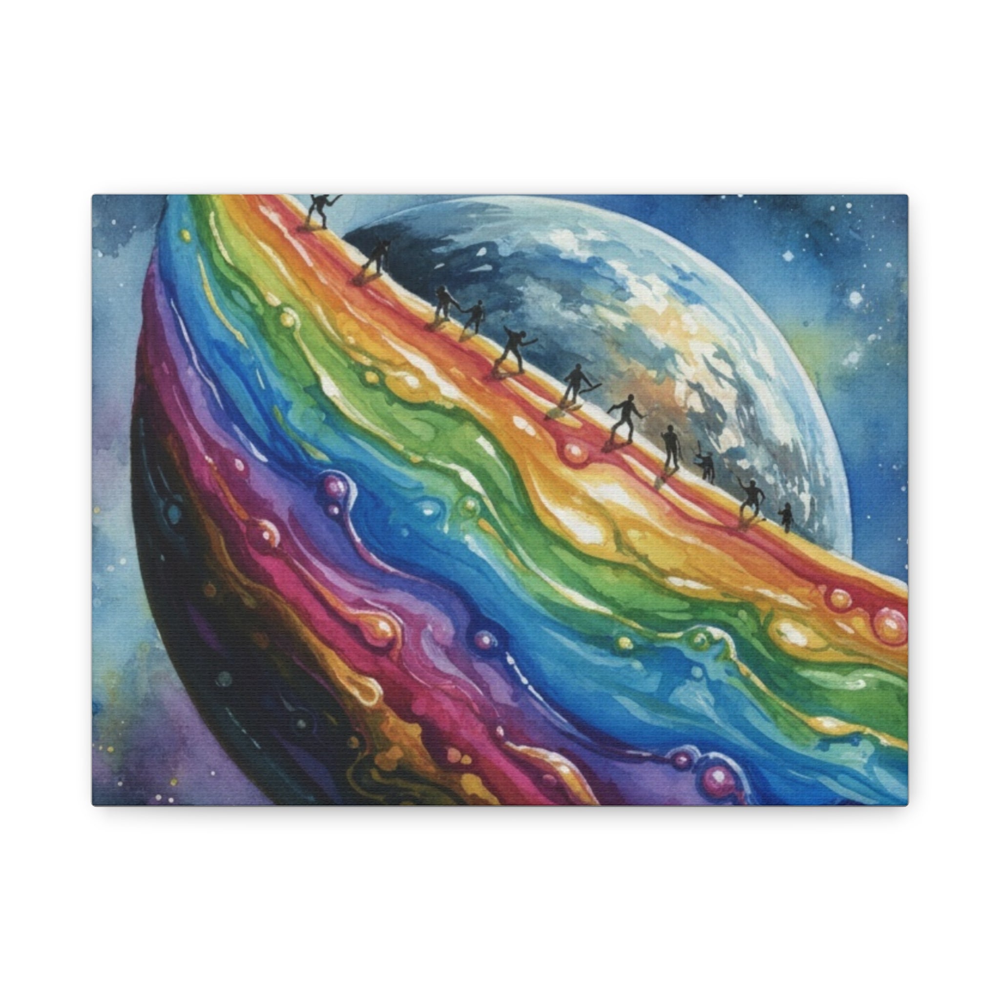 Rainbow Planet Canvas Art — Colorful Cosmic Landscape Print on Stretched Matte Canvas