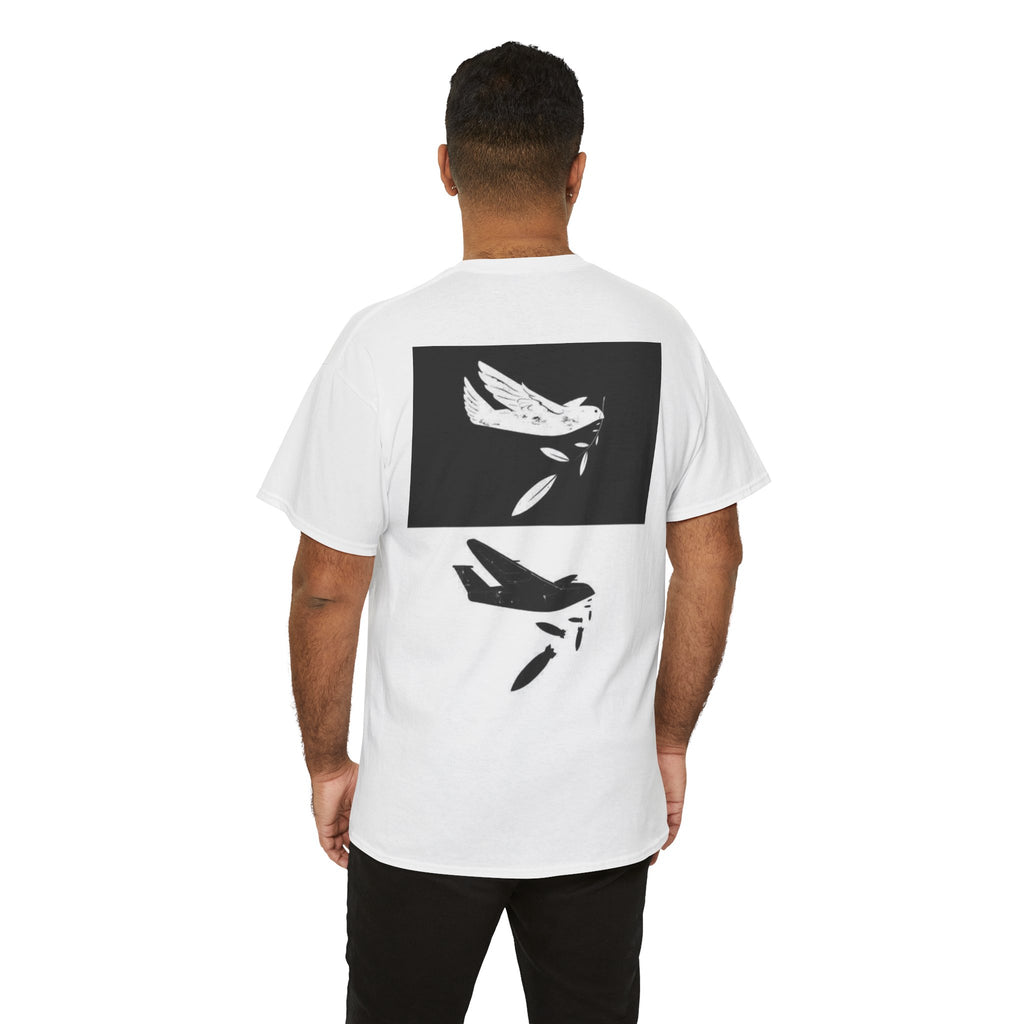 Person wearing a white t-shirt with black graphic design on the back