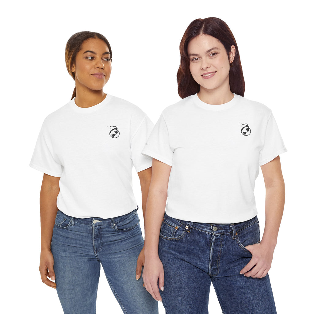 Two women wearing white t-shirts with a logo and blue jeans on a white background