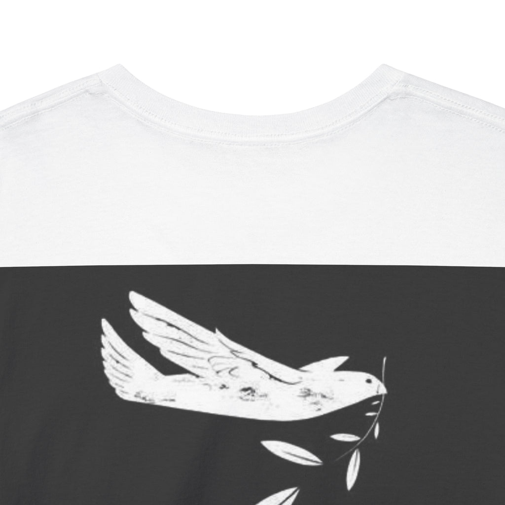 White dove with olive branch design on a black and white background Back of shirt