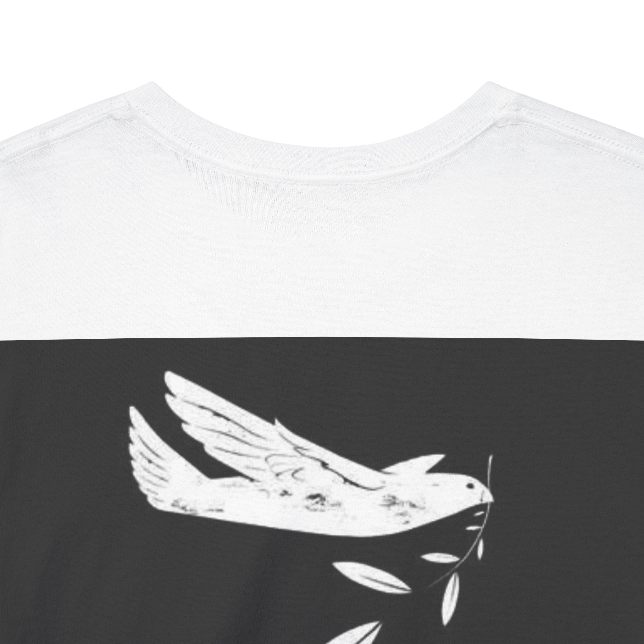 White dove with olive branch design on a black and white background Back of shirt