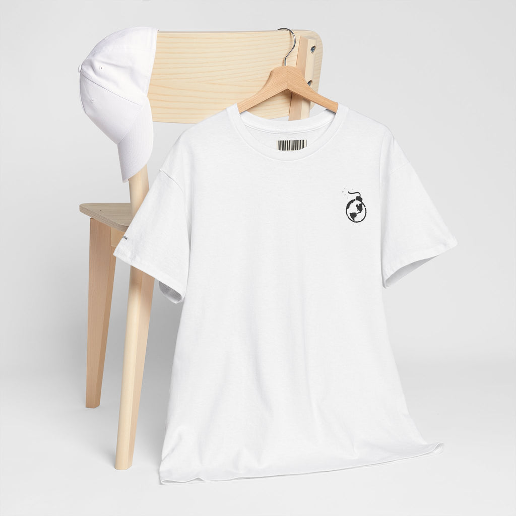 White t-shirt with a small logo on a wooden chair against a white background