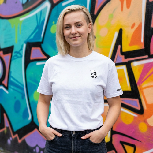 Minimalist Studio Ayyo0oh logo on the front chest of a black graphic tee.