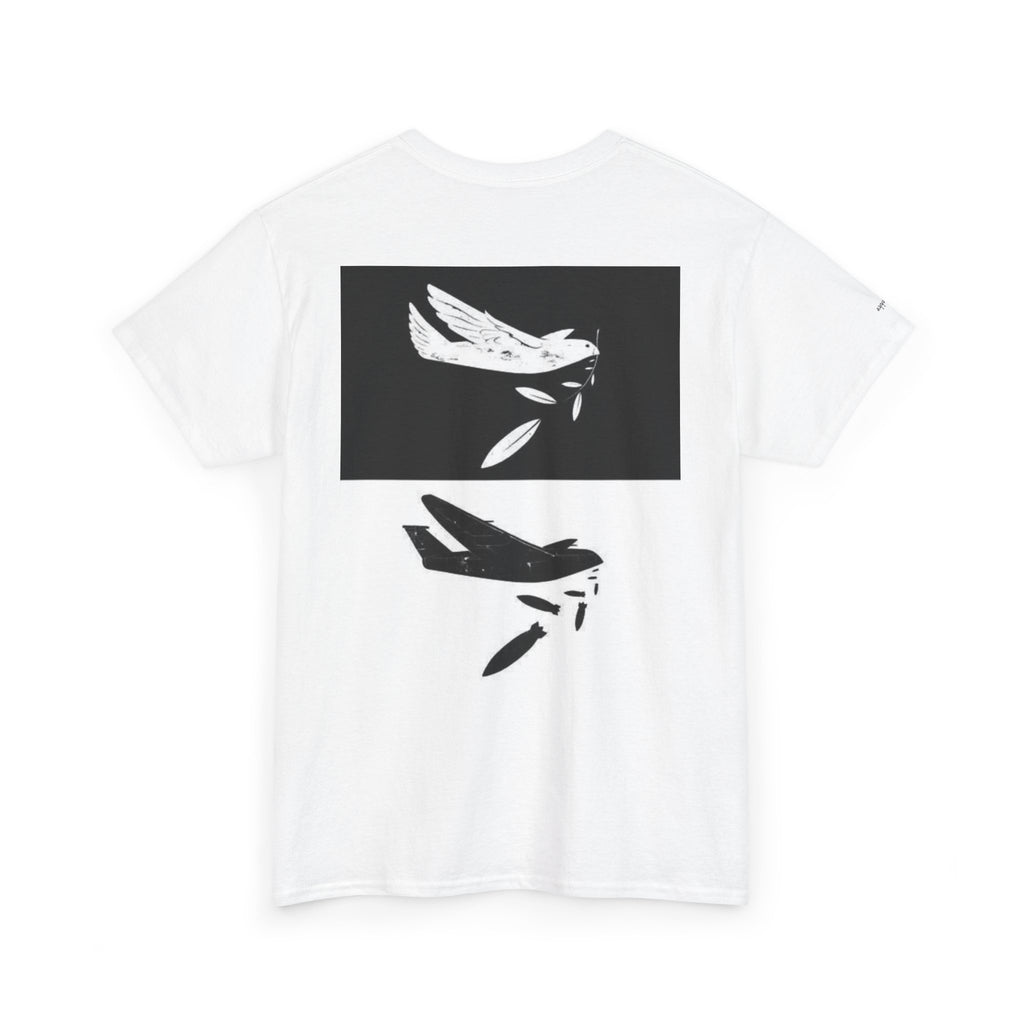 High-contrast spectral bird illustration on the back of a black unisex heavy cotton t-shirt