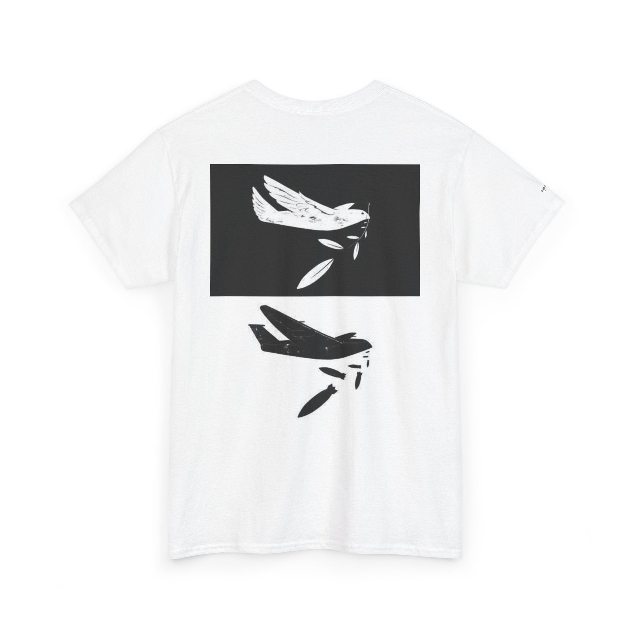 High-contrast spectral bird illustration on the back of a black unisex heavy cotton t-shirt