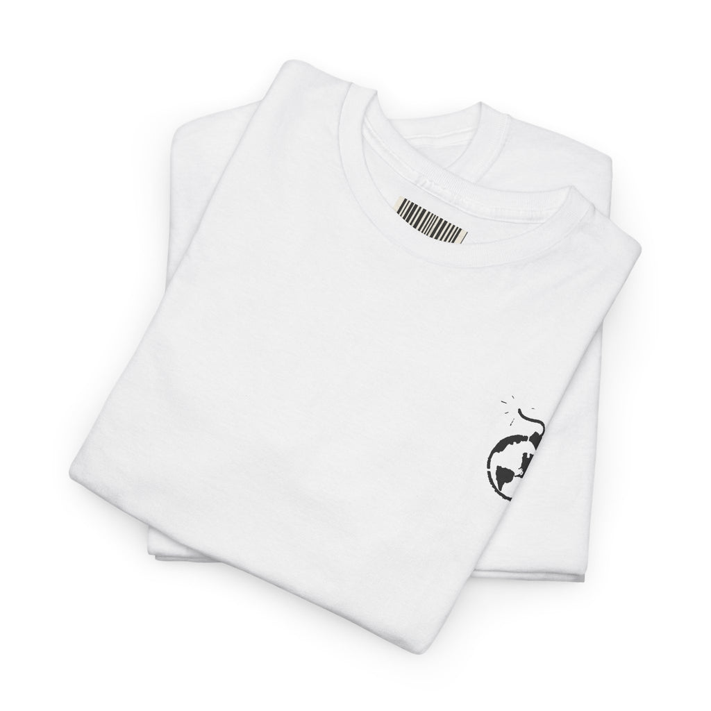 Stack of white t-shirts with black logos on a white background