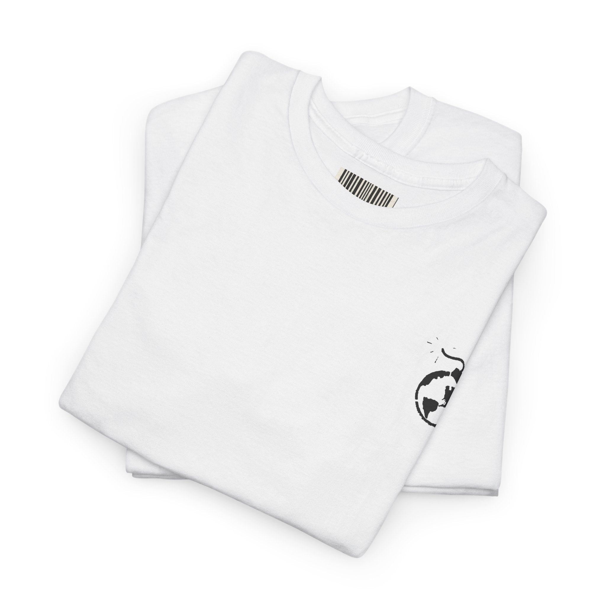 Stack of white t-shirts with black logos on a white background