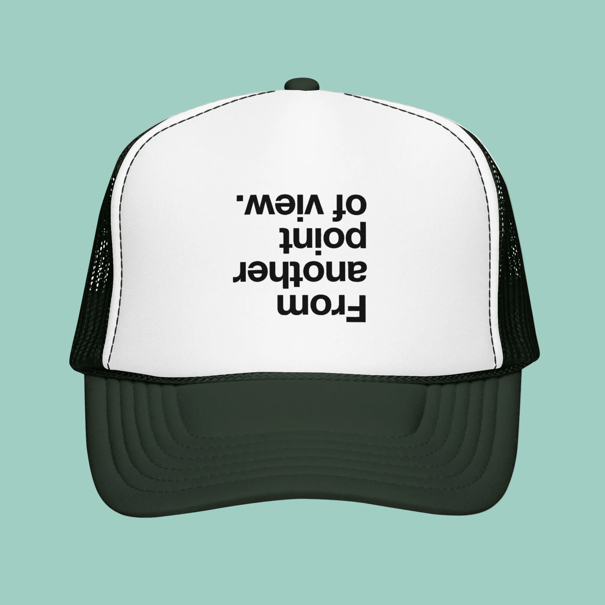 Black and white trucker hat with text on a white background